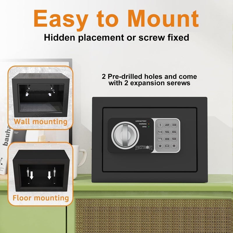 Patron small safe box with key，mini safe for money，small coin safes for home with code，little jewelry lock box for kids，Wall or Cabinet Safe for personal items，0.236 Cubic Feet Black - Image 4